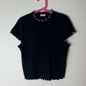 Sunday Best Ribbed Top Ruffle Trim Black Short Sleeves Stretch Size M Medium